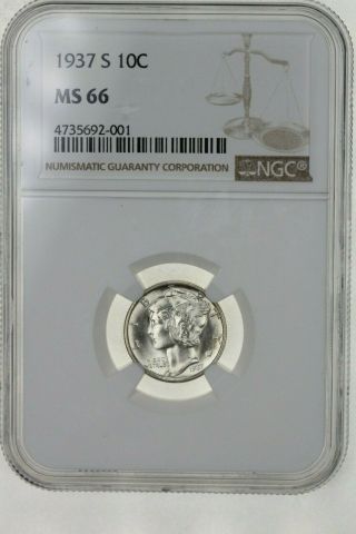 1937 - S Mercury Dime 10c Ngc Ms66 Gem Bu Rare Date Coin 5800