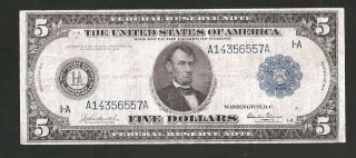 Rare Glass Solid A Block Boston 1914 $5 Federal Reserve Note