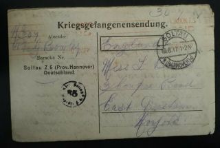 Very Rare 1917 Germany Prisoner Of War Postcard Sent From Soltau To London