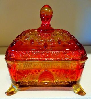 Rare Indiana Tiara Red To Amber Glass Splayed Feet Covered Honey Bee Dish Box