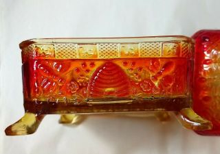 RARE Indiana Tiara Red To Amber Glass SPLAYED FEET Covered Honey Bee Dish Box 4