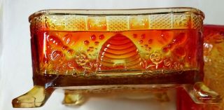 RARE Indiana Tiara Red To Amber Glass SPLAYED FEET Covered Honey Bee Dish Box 5