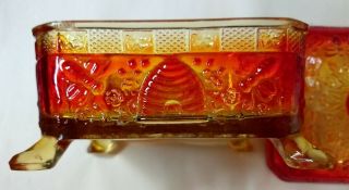 RARE Indiana Tiara Red To Amber Glass SPLAYED FEET Covered Honey Bee Dish Box 7