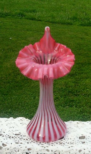 Fenton Cranberry Opalescent Stripe Optic Jack In The Pulpit Vase 11” Rare