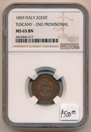 ,  Rare So,  1859 Tuscany 2 Cent Ngc Ms65 Bn Beauty (see Pictures) No Rsrv