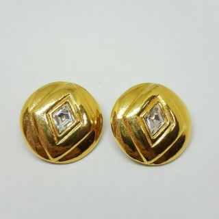 Authentic Rare Vintage Chanel Cc Logo Gold Round Rhinestone Hoop Clip Earrings
