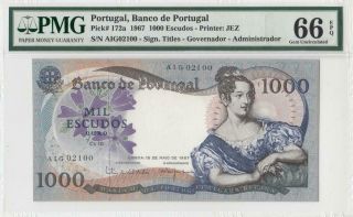 1967 Bank Of Portugal 1000 Escudos " Rare " 02100 ( (pmg 66 Epq))