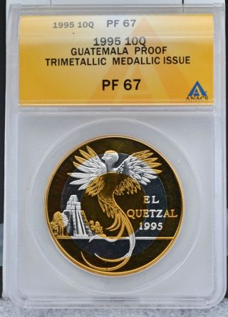 Guatemala 1995 10 Quetzales Rare Tri - Metallic Medal Mintage 150 X 2c Anacs Pf67