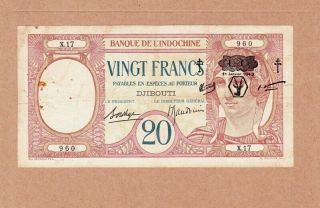 Djibouti French Somali Coast 20 Francs 1943 P - 12 Af Provisional Issue Rare
