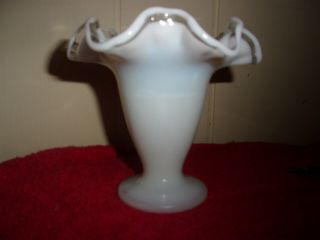 Rare Fenton Art Glass Crystal Crest Cone Trumpet Vase Extra White Band On Edge