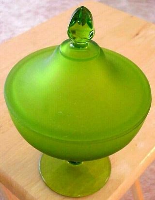 Vintage (rare) Westmoreland Frosted Green Glass Pedestal Covered Candy Dish,