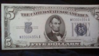 Series 1934 $5 Five Dollar Bill BLUE Seal Rare Old US National Bank Note 3