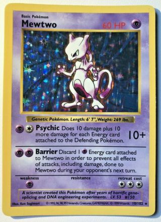 Shadowless Mewtwo 10/102 Base Set Pokemon Card Holo Foil Rare Lp