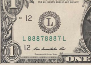2013 L Series $1 One Dollar Bill Fancy Binary Rare Six Kind Repeater Note Frn Us