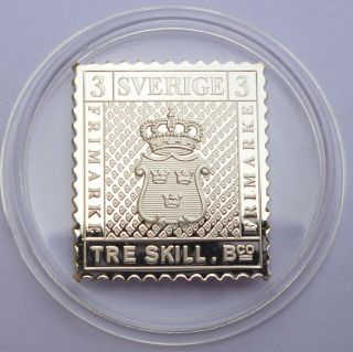 Sweden - Ag 999 Silver Proof Stamp 3 Skilling 1855 (22 X 25 Mm) Rare