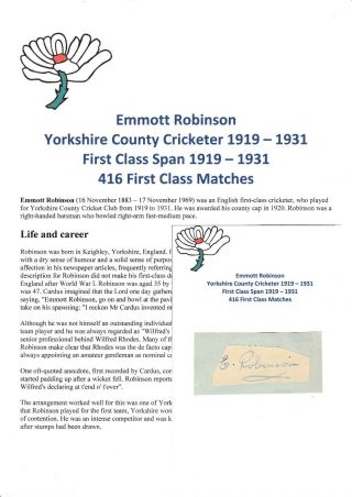 Emmott Robinson Yorkshire Cricketer 1919 - 1931 Rare Autograph Cutting