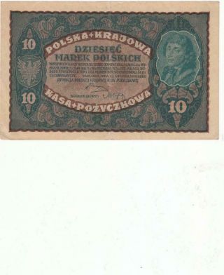 Rare Old Polish Poland Banknote 10 Marek 1919