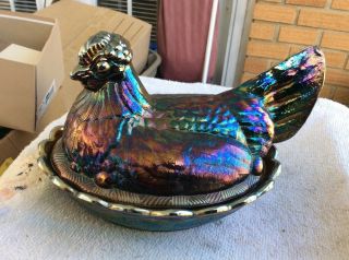 Rare Fenton Large Iridescent Carnival Glass Hen On Nest Candy Dish