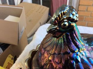 Rare Fenton Large Iridescent Carnival Glass Hen on Nest Candy Dish 2