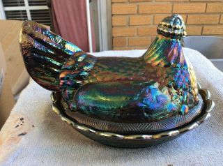 Rare Fenton Large Iridescent Carnival Glass Hen on Nest Candy Dish 3