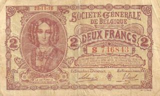 Belgium Societe Generale Rare 2 Francs 23/11/1916 Pick: 87 Fine