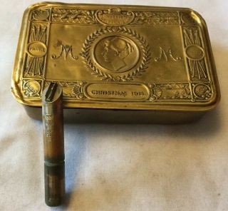 Ww1 1914 Brass Princess Mary Christmas Tin With Rare Asprey Tinder Lighter
