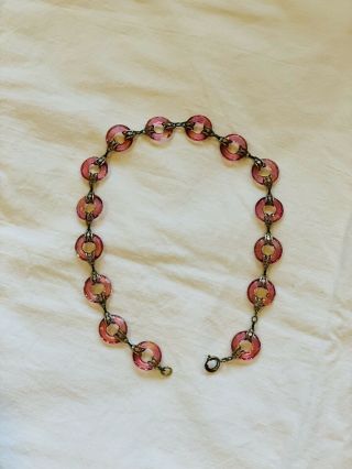 Rare Vintage Antique Art Deco Faceted Pink Czech Glass Silver Round Necklace