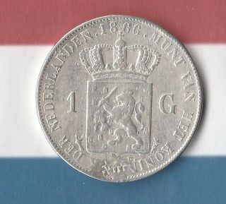 1866 1 Gulden - Netherlands - 94.  5 Silver - Rare Year - Key Date -