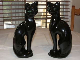 Set Of 2 Vintage Black Cats With Green Eyes 11 1/4 " Tall Ceramic Rare Kitty