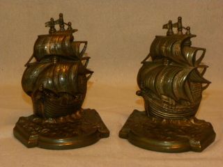 Antique Rare Jennings Brothers Cast Metal Galleon Bookends Marked Jb2424