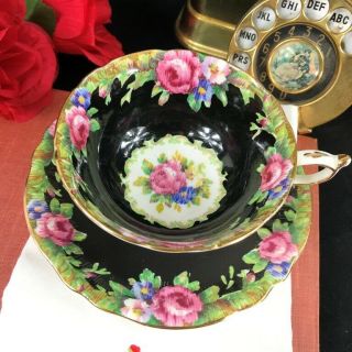 1940s Rare Paragon Tapestry Rose Hand Painted Black Cup And Saucer