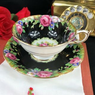 1940s RARE Paragon TAPESTRY ROSE Hand Painted Black Cup and Saucer 2