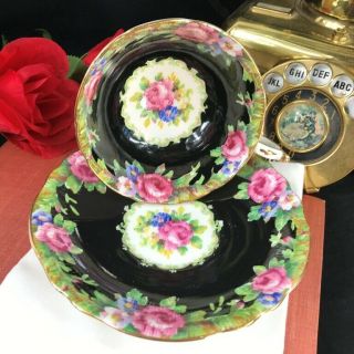 1940s RARE Paragon TAPESTRY ROSE Hand Painted Black Cup and Saucer 3