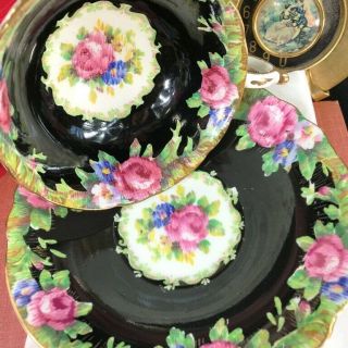 1940s RARE Paragon TAPESTRY ROSE Hand Painted Black Cup and Saucer 4
