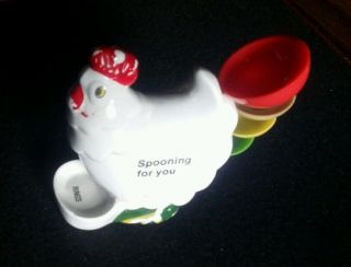 Rare 1950s Chicken Figurine Measuring Spoons Ring Holder Spooning For You Japan
