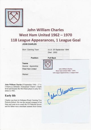 John Charles West Ham United 1962 - 1970 Rare Autograph Cutting/card