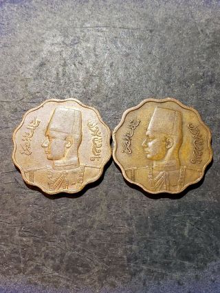 2 Egypt Kingdom Wwii Rare Copper Coin 1943 King Farouk 10 Milliemes
