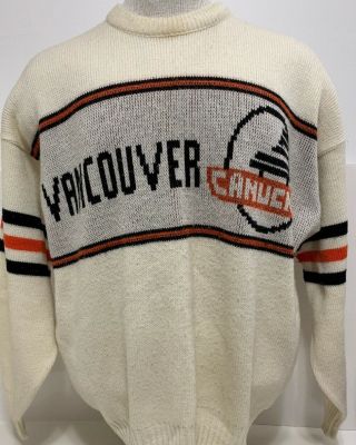 Vintage 1980’s Ccm Vancouver Canucks Nhl Hockey White Beige Sweater Size L Rare