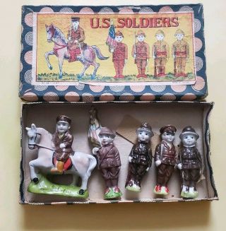 Rare Ww1 Wwi U.  S.  Soldiers Porcelain Bisque Figures Set Japan Cavalry