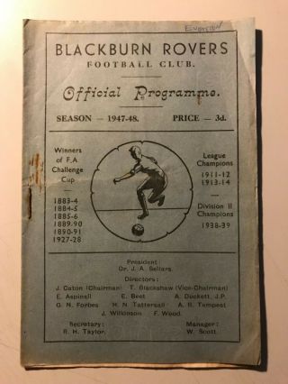 Very Rare Blackburn V Everton 23rd August 1947 Division 1