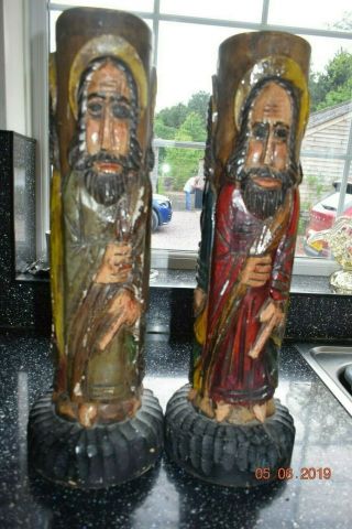 ANTQUE SPANISH CARVED WOOD c1800 ALTER CANDLES RARE 7