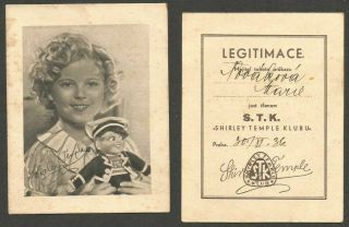 Shirley Temple Black - Rare Czech Fan Club Id Card 30.  11 - 1936