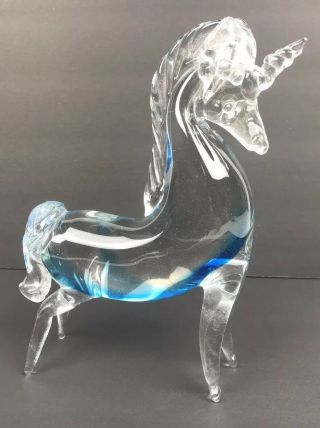 Rare Murano Style Hand Blown Unicorn Art Glass 9 " Tall Clear Blue Tone