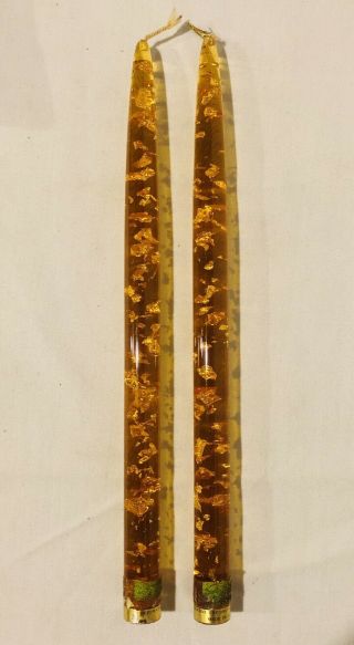 2 Rare Vintage 12 " Gold Lucite Taper Candles W/gold Glitter Flakes
