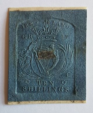 Rare Early Irish Blue Embossed Revenue,  10 Shill,  Purple George Iii Backstamp