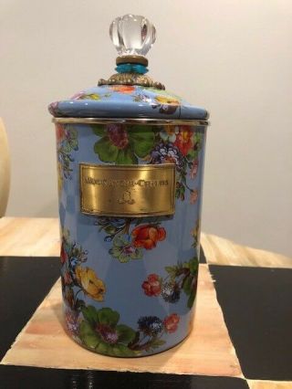 Rare MacKenzie - Childs Courtly Check Medium Enamel Canister - Blue 12 in tall 3
