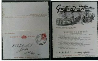Rare 1942 Australia 2.  5d Kgv1 Lettercard Ptpo Greetings From Hendon Inside Card