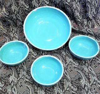 Rare Set Of Four Robin Egg Blue Crestone Drip Ware Bowls One 9 - 1/2 Inch 3 5 - 1/2
