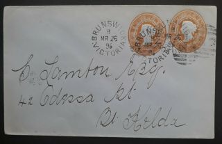 Rare 1895 Victoria Cover Ties 2x Pre Printed 1d Orange Oval Qv Stamps Brunswick