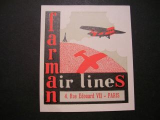 Cinderella Poster / Stamp Aviation Farman Airlines Paris Rare Label